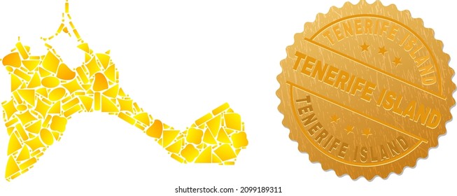 Golden collage of yellow particles for Formentera Island map, and gold metallic Tenerife Island stamp seal. Formentera Island map collage is organized from scattered golden particles.