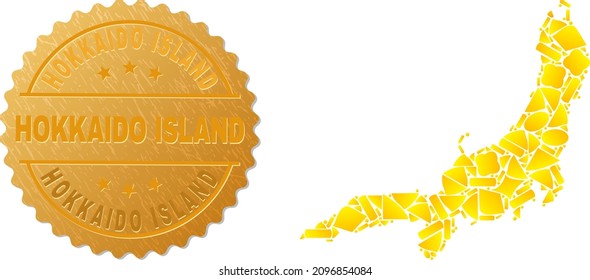 Golden collage of yellow particles for Honshu Island map, and golden metallic Hokkaido Island badge. Honshu Island map collage is done with scattered golden particles.
