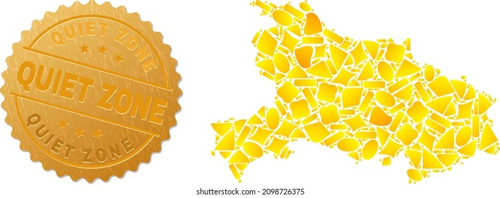 Golden collage of yellow particles for Hubei Province map, and gold metallic Quiet Zone badge. Hubei Province map collage is done of random gold elements.