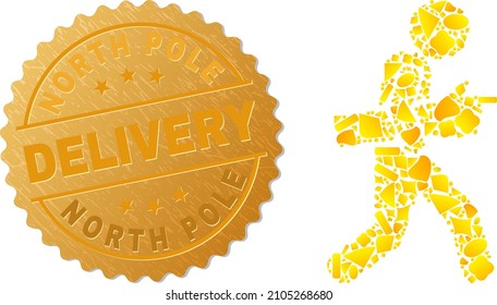 Golden collage of yellow particles for index finger courier icon, and golden metallic North Pole Delivery badge. Index finger courier icon collage is made with random golden.