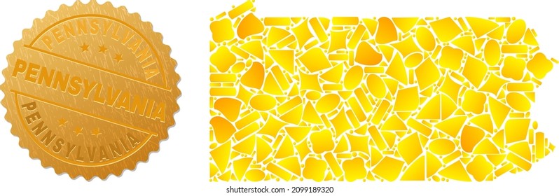 Golden collage of yellow particles for Pennsylvania State map, and golden metallic Pennsylvania seal imitation. Pennsylvania State map collage is done of scattered golden parts.