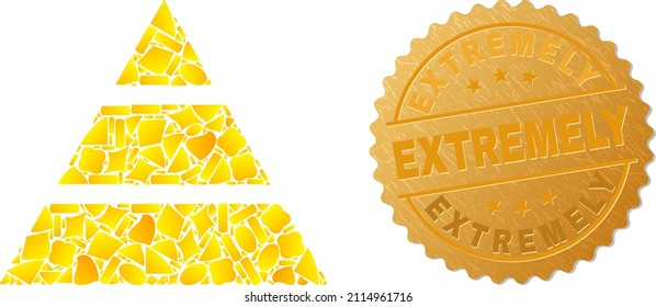 Golden collage of yellow particles for pyramide icon, and gold metallic Extremely seal print. Pyramide icon collage is created of randomized gold.