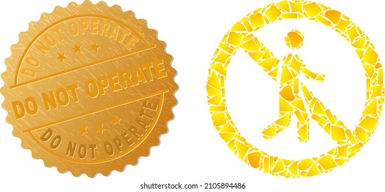 Collage dorado de partículas amarillas para detener el icono peatonal, y metal dorado No Operar imitación de sello. Detener el mosaico de iconos peatonales está hecho de piezas de oro aleatorias.
