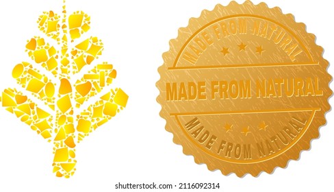 Golden collage of yellow particles for tree plant icon, and golden metallic Made from Natural stamp seal. Tree plant icon composition is constructed with random golden elements.