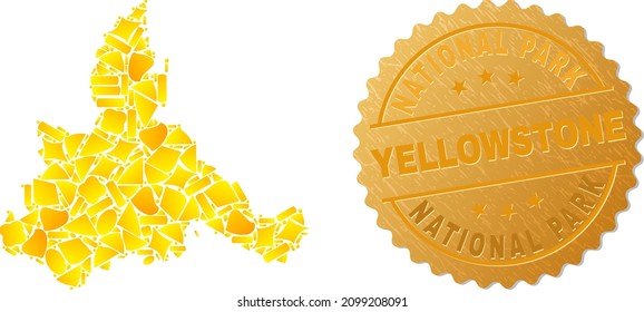 Golden collage of yellow particles for Zaragoza Province map, and gold metallic National Park Yellowstone stamp seal. Zaragoza Province map collage is constructed of random gold elements.