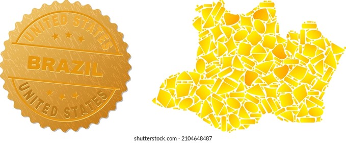 Golden collage of yellow parts for Amazonas State map, and golden metallic United States Brazil seal print. Amazonas State map collage is done with randomized gold parts.