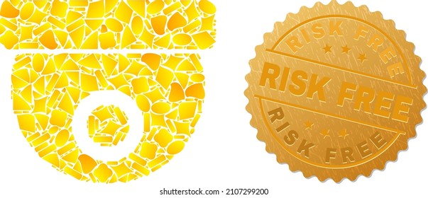 Golden collage of yellow parts for CCTV camera icon, and gold metallic Risk Free stamp seal. CCTV camera icon composition is created of scattered golden elements.