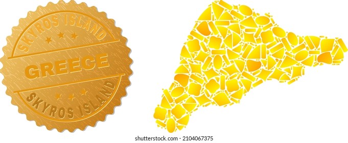 Golden collage of yellow parts for Easter Island map, and golden metallic Skyros Island Greece seal print. Easter Island map collage is composed of scattered golden parts.