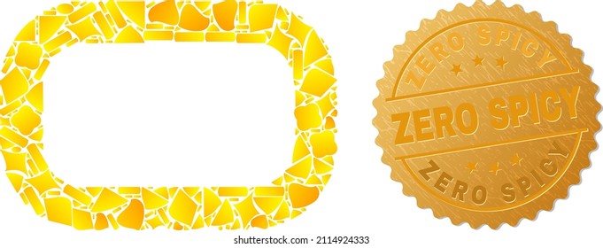 Golden collage of yellow parts for empty rounded rectangle icon, and golden metallic Zero Spicy stamp seal. Empty rounded rectangle icon collage is constructed of randomized golden spots.