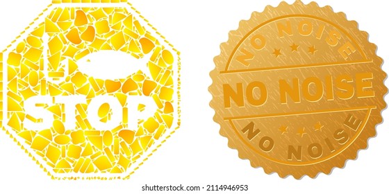 Golden collage of yellow parts for fishing stop octagon icon, and gold metallic No Noise seal imitation. Fishing stop octagon icon collage is organized from random gold parts.