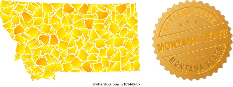 Golden collage of yellow parts for Montana State map, and gold metallic Montana State stamp. Montana State map collage is organized with random gold parts.