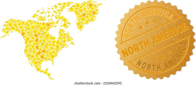 Golden collage of yellow parts for North America map, and golden metallic North America stamp. North America map collage is constructed of random gold spots.