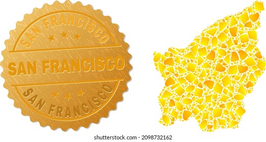Golden collage of yellow parts for San Marino map, and golden metallic San Francisco stamp seal. San Marino map collage is made of random gold spots.