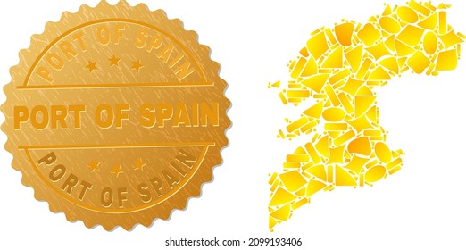 Golden collage of yellow for Pontevedra Province map, and golden metallic Port of Spain stamp seal. Pontevedra Province map mosaic is constructed of randomized golden parts.