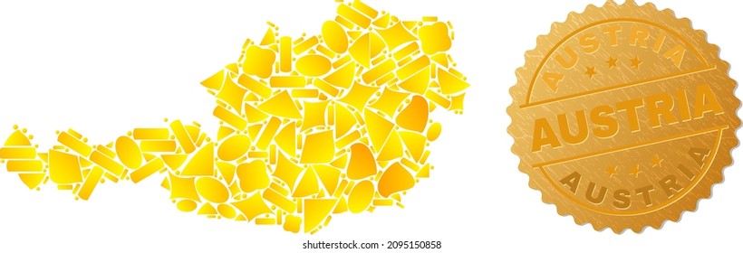Golden collage of yellow spots for Austria map, and golden metallic Austria stamp seal. Austria map collage is created with randomized golden spots.