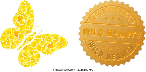Golden collage of yellow spots for butterfly icon, and golden metallic Wild Beauty seal. Butterfly icon collage is composed of random gold items.