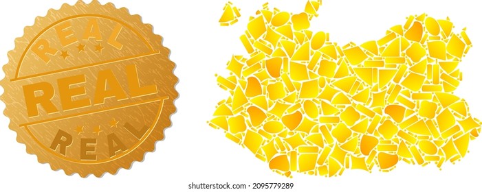 Golden collage of yellow spots for Ciudad Real Province map, and golden metallic Real seal. Ciudad Real Province map mosaic is formed of random golden spots.