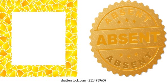 Goldene Collage gelber Flecken für leeres quadratisches Symbol und goldenes metallisches Fehlen von Robbenimitation. Leeres quadratisches Symbol setzt sich aus verstreuten goldenen Flecken zusammen.