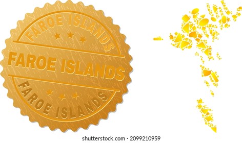 Golden collage of yellow spots for Faroe Islands map, and golden metallic Faroe Islands stamp seal. Faroe Islands map collage is formed with random golden particles.