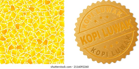 Golden collage of yellow spots for square icon, and gold metallic Kopi Luwak stamp. Square icon collage is constructed of randomized golden parts.