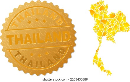 Golden collage of yellow spots for Thailand map, and gold metallic Thailand seal imitation. Thailand map collage is formed of randomized gold parts.