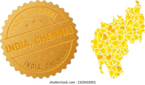 Golden collage of yellow spots for Tripura State map, and golden metallic India, Chennai stamp. Tripura State map collage is designed of randomized golden parts.