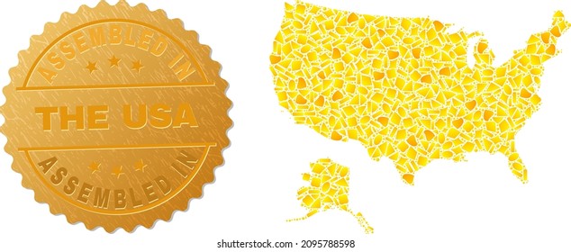 Golden collage of yellow spots for USA with Alaska map, and golden metallic Assembled In The USA seal print. USA with Alaska map mosaic is formed of randomized golden particles.