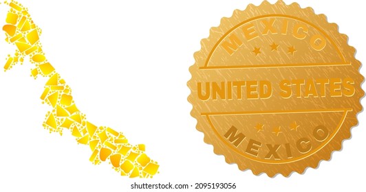 Golden collage of yellow spots for Veracruz State map, and golden metallic Mexico United States seal print. Veracruz State map collage is constructed from randomized golden parts.