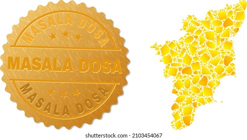 Golden collage of yellow for Tamil Nadu State map, and golden metallic Masala Dosa badge. Tamil Nadu State map collage is composed of scattered gold.