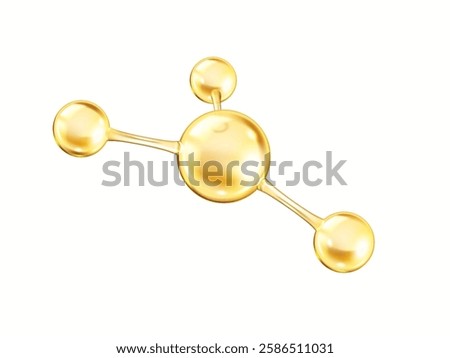 Golden collagen molecule structure shines realistic vector illustration. Chemical model consists from spheres 3d object on white background