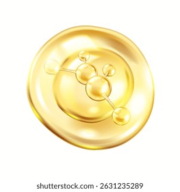 Moléculas de colágeno dourado flutuam na ilustração vetorial realista de queda de soro. Molécula complexa do objeto 3d do elemento sobre fundo branco