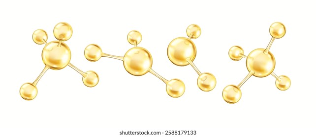 Golden collagen molecules form complex structures realistic color icons set. Spheres create chemical bonds 3d objects bundle on white