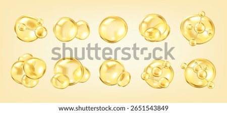 Golden collagen molecules in serum bubbles realistic vector illustration. Advertising of beauty products 3d objects bundle on yellow