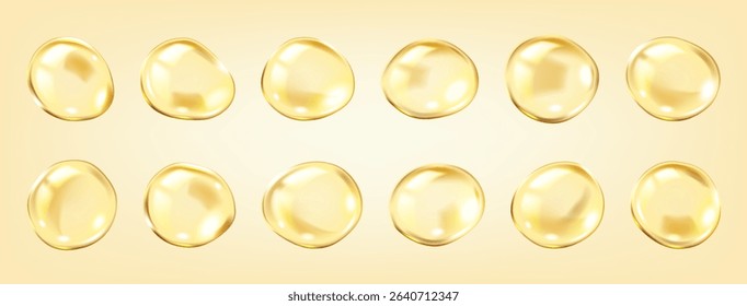 Golden collagen serum bubbles skincare realistic color icons set. Innovative cosmetic products promoting 3d objects bundle on yellow