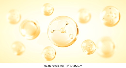 Golden collagen serum drops. Molecule inside bubble on yellow background. Concept skin care cosmetics solution. Vector illustration