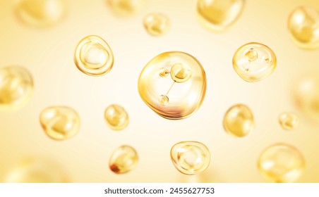 Golden collagen serum drops. Molecule inside bubble on yellow background. Concept skin care cosmetics solution. Vector illustration
