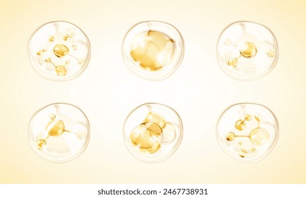 Gotas de suero de colágeno dorado. Molécula de oro dentro de la burbuja. Líquido cosmético, burbuja de aceite. Concepto de solución cosmética para el cuidado de la piel. Ilustración vectorial