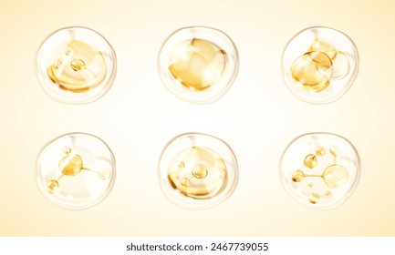 Golden collagen serum drops. Golden molecule inside bubble. Cosmetic liquid, oil bubble. Concept skin care cosmetics solution. Vector illustration