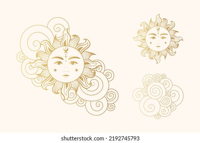 Golden collection of celestial suns with faces. Isolated set of 3  vector esoteric objects. Hand drawn illustration in boho style for mystical design, tarot cards and stickers.