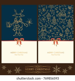 Golden Collection of Christmas and New Year cards with deer, Christmas tree and Christmas decorations. Vector hand drawn illustration