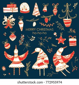 Golden Collection of Christmas and New Year icons with Christmas decorations, birds and present. Vector hand drawn illustration