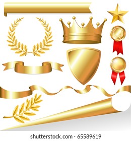 Golden Collection From Crowns, Medals, Board, Tapes, Laurel Branch And Wreath, Isolated On White Background, Vector Illustration