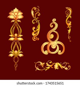 Golden collection of decorative forms for celebrations and weddings, as well as for invitation cards, ornaments in the Arabic style, the style of ancient cevilizations, sculptures, wall decoration.