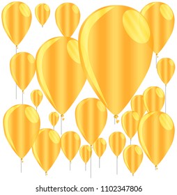 A golden collection of floating gold balloons isolated against a white background