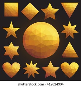 Golden collection set of soft mesh facet crystal gem logo designs or web elements. Pentagonal, triangular, circle, star, heart, diamond, square, hexagonal gold luxury polygon shapes