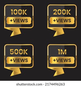 golden color 100k,200k,500k and 1 million plus views celebration background design, 1m views thank you 