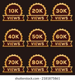 golden color 10k to 90k views celebration background design vector, 10k views thank you