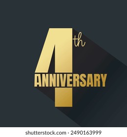 Logotipo del cuarto aniversario en color dorado. 4 años de celebración de aniversario Anuncio, cartel, tarjeta de felicitación. Plantilla, placa, etiqueta de 4º cumpleaños. Compañía Cuatro años de celebración del jubileo. Diseño tipográfico.