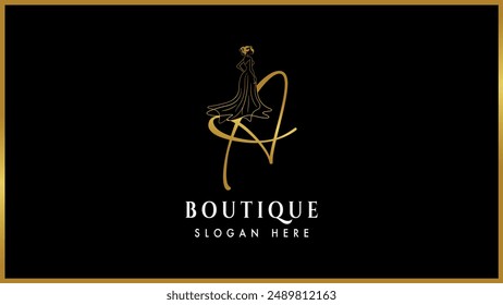 Golden color alphabet letter A,a boutique fashion logo template, Elegant gold boutique fashion dress logotype.