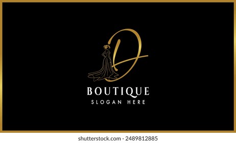 Golden color alphabet letter D,d boutique fashion logo template, Elegant gold boutique fashion dress logotype.